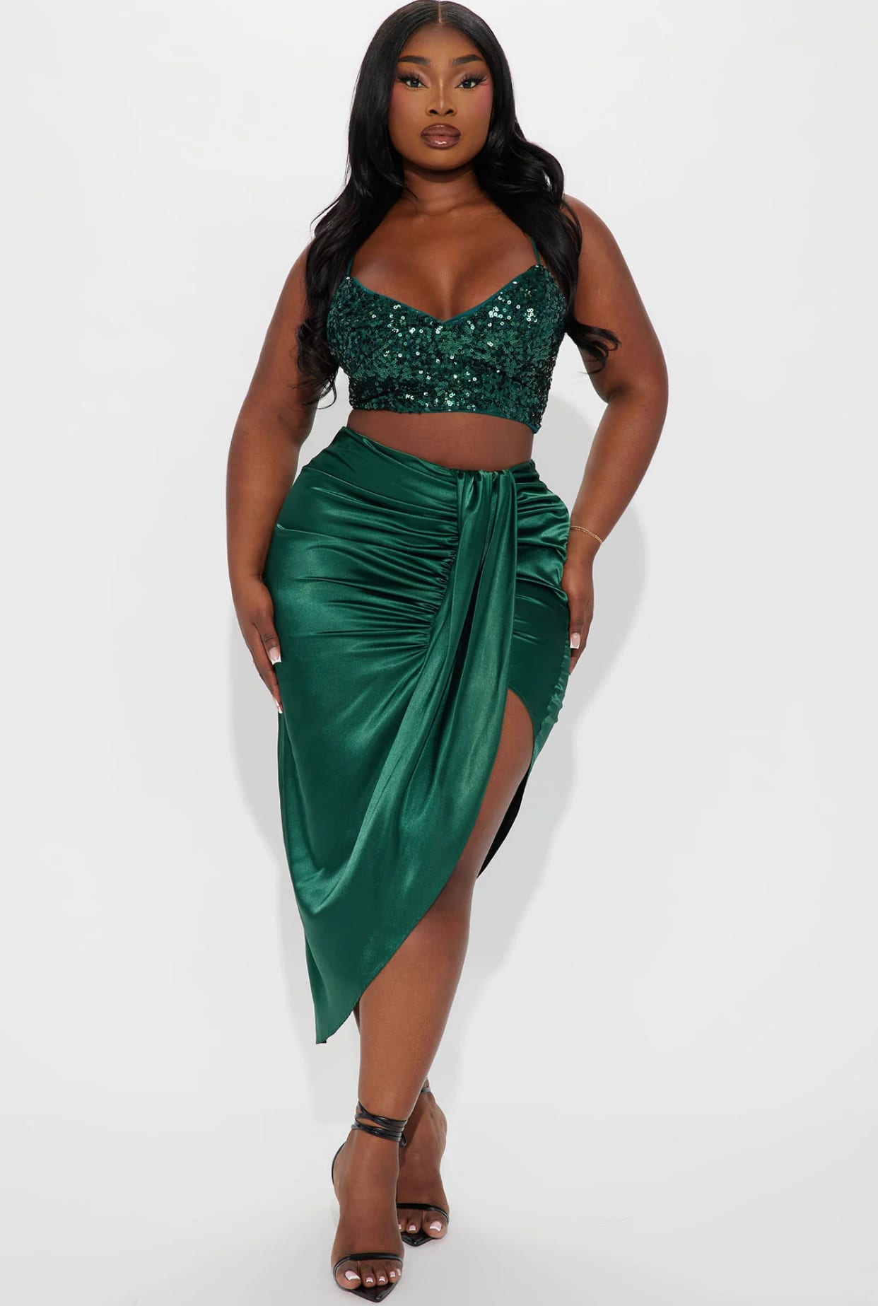 Valencia Wrap Satin Midi Skirt XL-Emerald